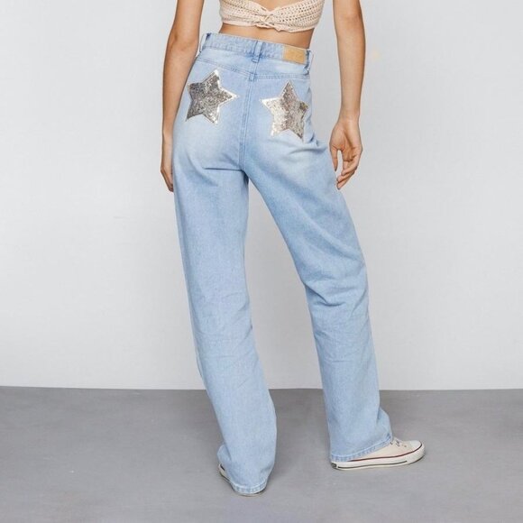 Nasty Gal Denim - Nasty Gal Womens Sequin Star Bum Boyfriend Jeans Light Blue Wash Raw Hem size 4